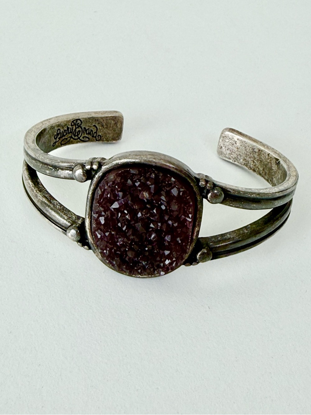 Lucky Brand Purple Druzy Quartz Peace Sign Cuff Bracelet Silver Tone
